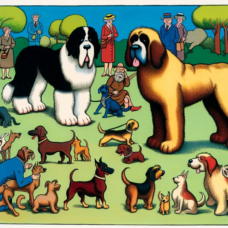 Een kleurrijke cartoonachtige scène met verschillende hondenrassen die samen in een park zitten.